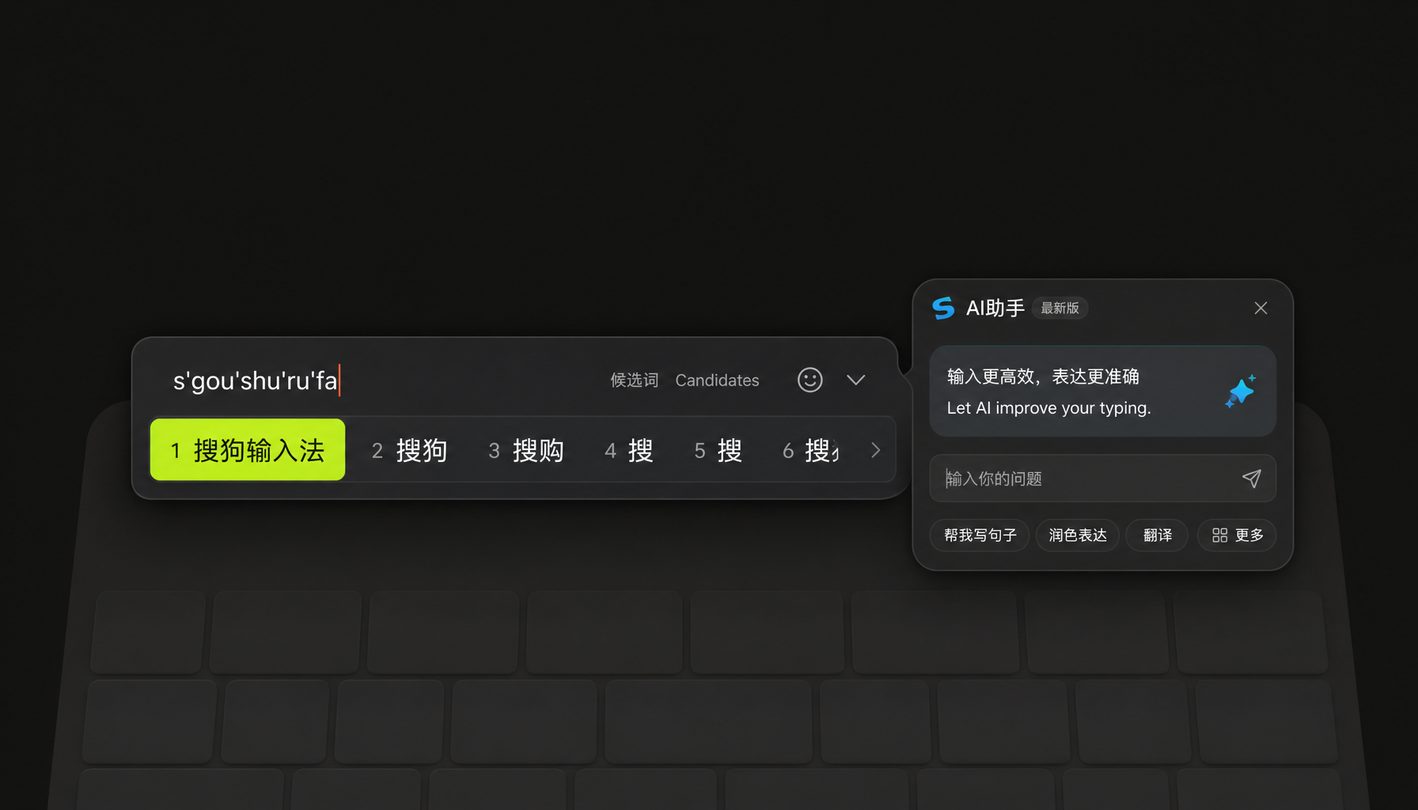 搜狗输入法最新版官方界面 - 智能拼音与AI智慧助手演示